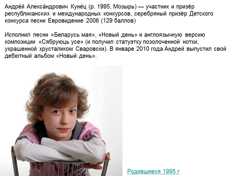 Андре́й Алекса́ндрович Куне́ц (р. 1995, Мозырь) — участник и призёр республиканских и международных конкурсов,